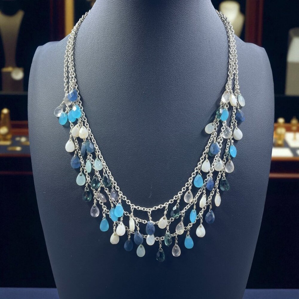 Boho Mermaidcore Layered Gemstone Dangle Necklace Silver Tone Coastal Resort‎